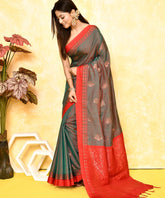 Charcoal Grey Soft Silk Saree with Temple Zari Border